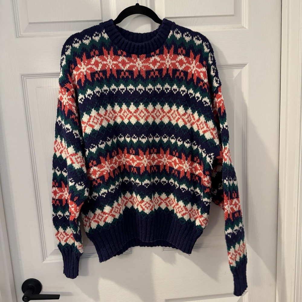 LAKE HARMONY ROWING CLUB Vintage Fair Isle Ski Sweater L Heavy Knit Cotton‎ USA